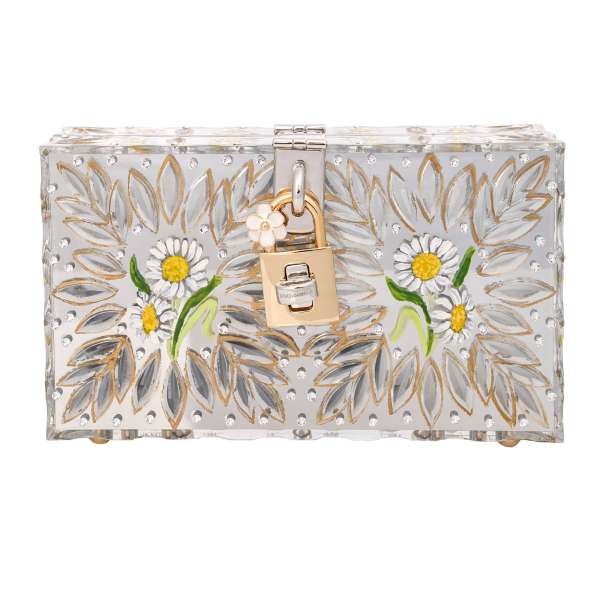 Handbemalte Clutch / Abendtasche DOLCE BOX aus Plexiglas mit Kristallen, Daisy Blumen und dekorativem Schloß von DOLCE & GABBANA