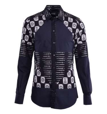 Baumwolle Hemd GOLD mit Waffen Print Schwarz Blau 37 14,5