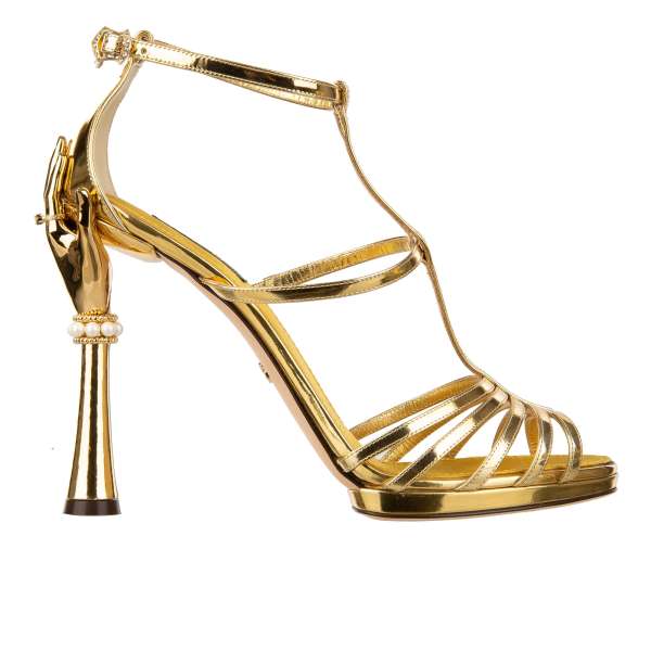 Leather High Heel Sandals KEIRA with metal pearl bracelet and ring hand form as heel in gold by DOLCE & GABBANA