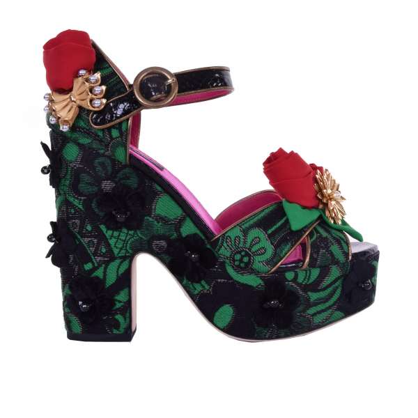 Jacquard Plateau Sandals / Pumps embellished with golden pearls brooches, velvet flowers with black stones and three silk roses by DOLCE & GABBANA Black Label