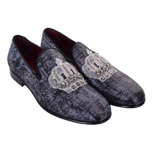 Loafer Schuhe MILANO aus Brokat mit bestickter Krone aus Kunstperlen und Steinchen von DOLCE & GABBANA