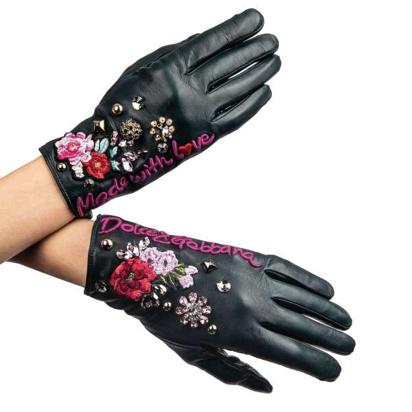 "Dolce&Gabbana, Made with Love" Nappa lambskin gloves with studs, crystals and roses embroidery by Dolce&Gabbana Black Label