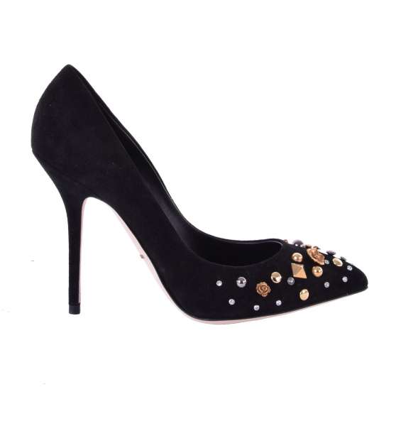 Suede Pumps BELLUCCI with studs, strass and flowers embroidery by DOLCE & GABBANA Black Label