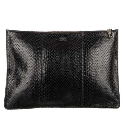 Snake Leather Briefcase Pouch with Logo and Zip Closure Black