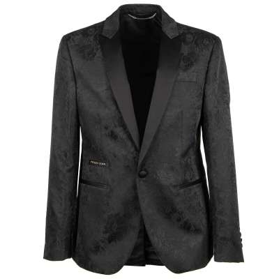 Floral Printed Blazer DAMASCATO NERO with Contrast Reverse and Logo Black 50 M-L