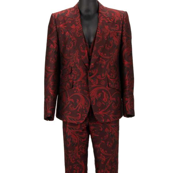 3 Teile Anzug aus Barock Jacquard mit spitzem Revers in Schwarz und Rot von DOLCE & GABBANA