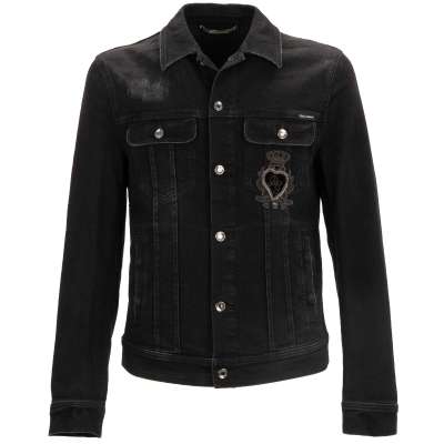 Denim Jeans Jacket with Heart, Logo and Crown Embroidery Black
