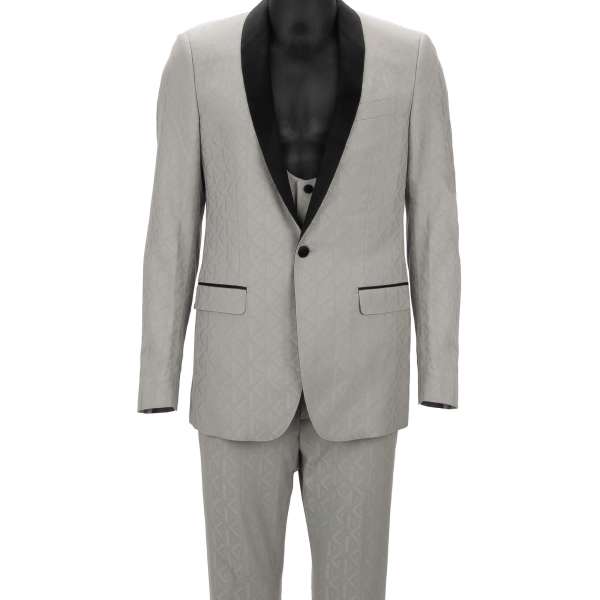 Virgin wool 3 piece suit, jacket, waistcoat, pants with shwal silk lapel in gray and black by DOLCE & GABBANA 