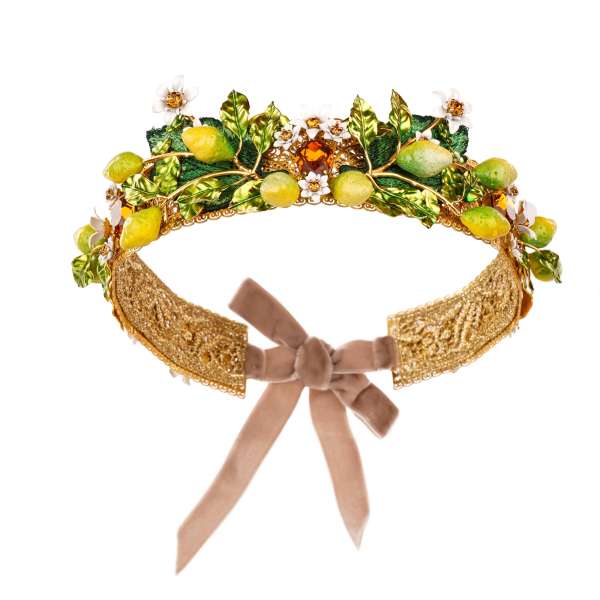 Filigrane Tiara / Krone mit Zitronen, Blumen, Kristallen und Blätter Stickerei in Gelb, Grün und Gold von DOLCE & GABBANA