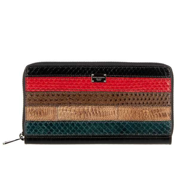 Patchwork striped Zip-Around wallet with logo plate made of snakeskin and leather in multicolor by DOLCE & GABBANA