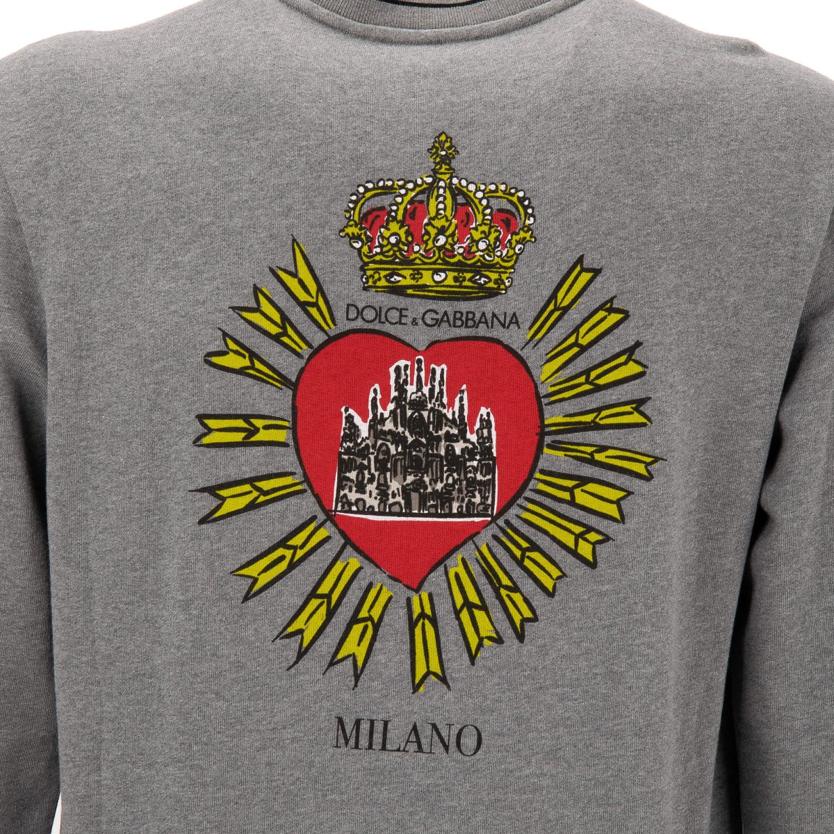 Dolce Gabbana Cotton Sweater Milano Roma with Heart and Crown Print Gray FASHION ROOMS