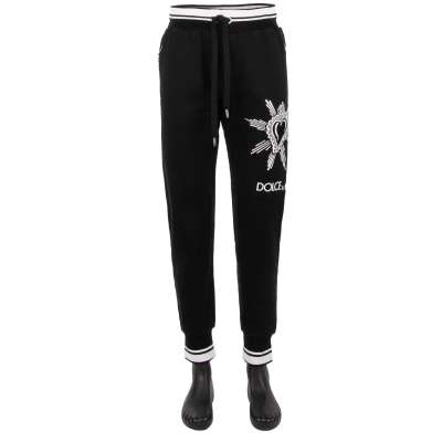 Cotton Jogging Pants with Embroidered Sacred Heart and Logo Black