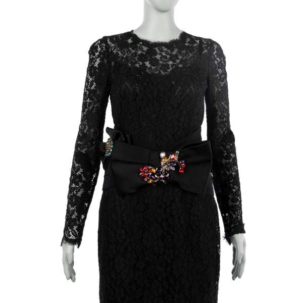 Wool and silk blend Belt for dress with crystal flower brooches and silk ribbon in black by DOLCE & GABBANA Black Label