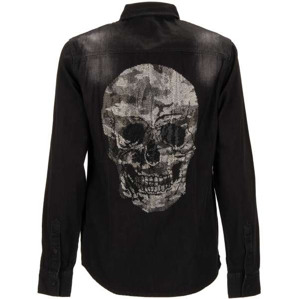 BY ME Jeans / Denim Hemd mit Kristall Skull und zwei Taschen vorne in Schwarz von PHILIPP PLEIN