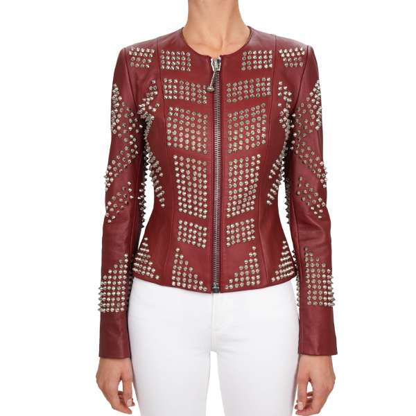Leather Jacket SENS embellished with studs and leopard head on the back in red by PHILIPP PLEIN COUTURE