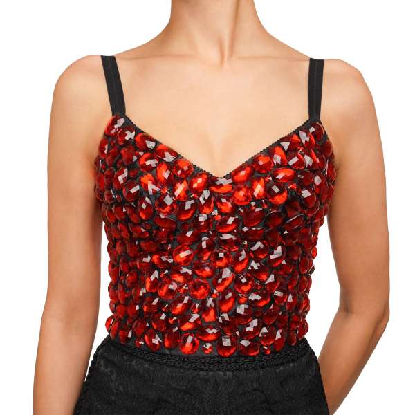 Corsage Top with hand-sewed red crystals in black by DOLCE & GABBANA