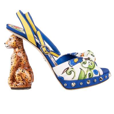 Studded Majolica Sandals KEIRA with Leopard Heel Blue White 38.5