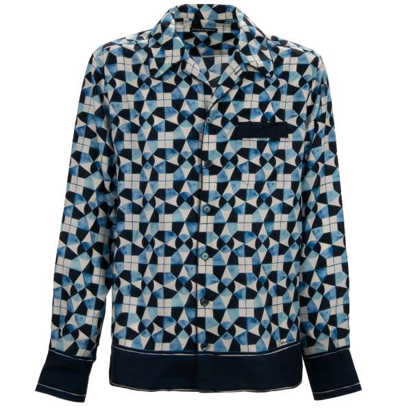 Silk shirt with Gio Ponti print and front pocket in white and blue by DOLCE & GABBANA