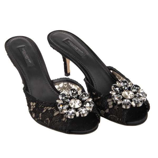 Taormina lace pointed Mules Pumps BELLUCCI with crystals brooch in black by DOLCE & GABBANA