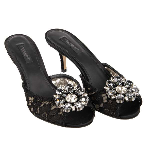 Spitzform Mules Pumps BELLUCCI mit Kristallen Brosche aus Taormina Spitze in Schwarz von DOLCE & GABBANA