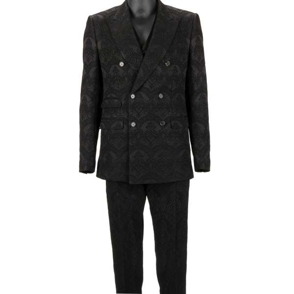 Floral pattern jacquard 3 piece double-breasted suit with peak lapel in black by DOLCE & GABBANA 
