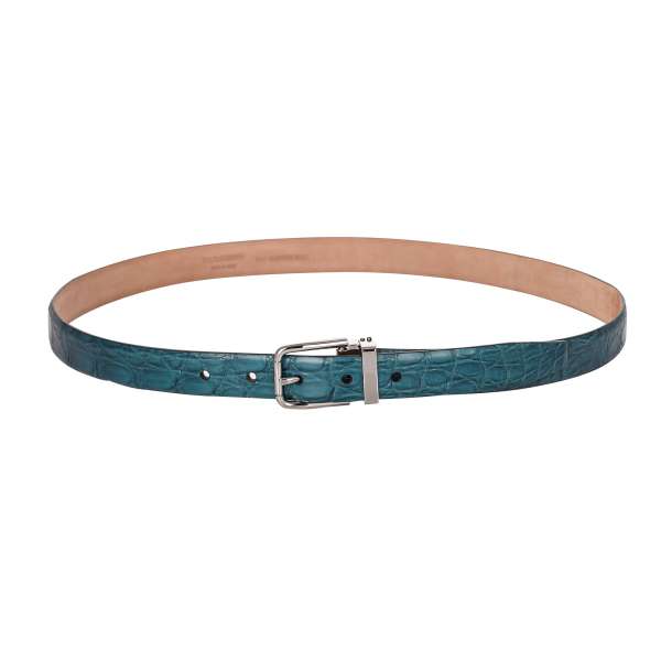 Crocodile Leather belt with metal buckle in blue and silver by DOLCE & GABBANA