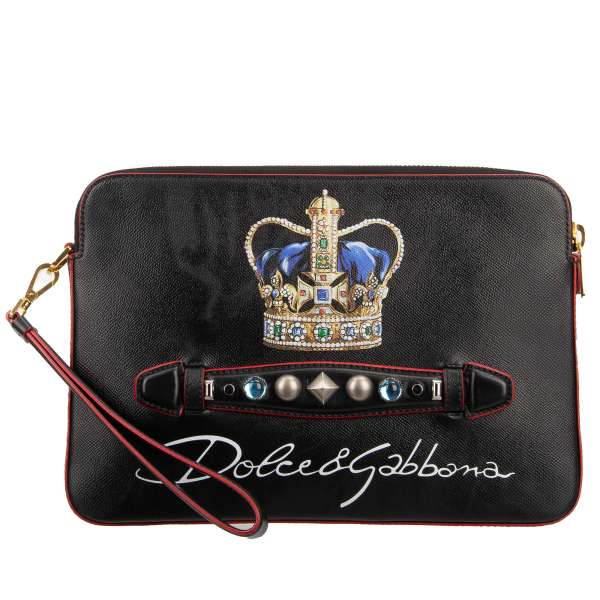 Dauphine Leather pouch / briefcase with studded handle, detachable handstrap and crown and logo print by DOLCE & GABBANA