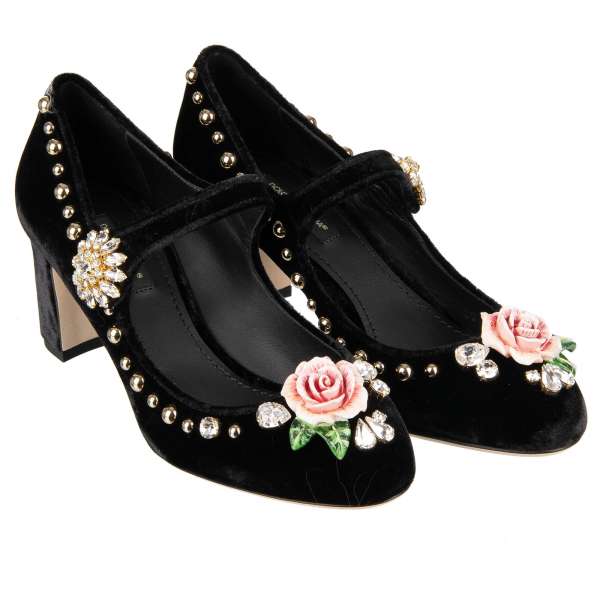 Elastic Velvet Mary Jane Pumps VALLY embellished with crystals, studs, large rose and crystals brooch by DOLCE & GABBANA