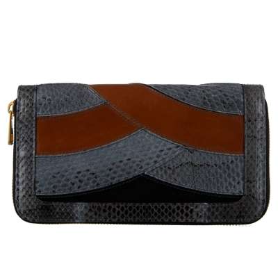 Patchwork Snakeskin Suede Leather Zip-Around Wallet Gray Black Brown