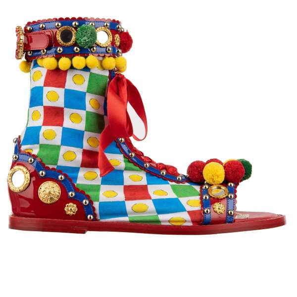 Fabric and patent leather Carretto Sandals PORTOFINO with crystals embellished buckle and brass applications in red, blue, green and yellow by DOLCE & GABBANA