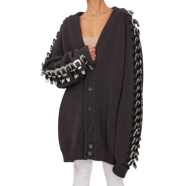 Sweater Stil Jacke aus Baumwolle mit Metall und Leder Schnallen in Grau, Schwarz und Silber von DSQUARED2