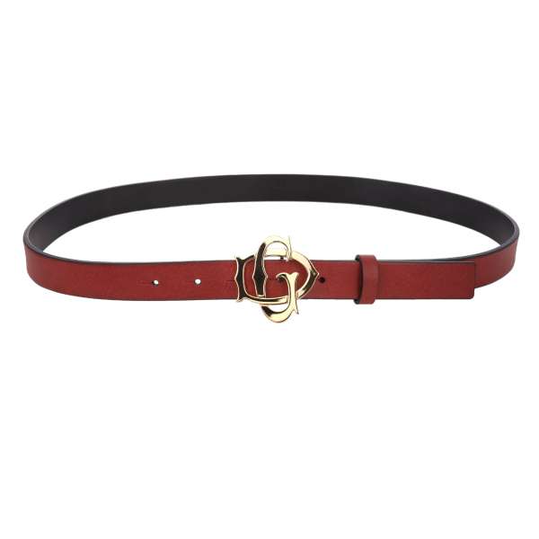 Leather belt with metal DG log buckle in gold and red by DOLCE & GABBANA