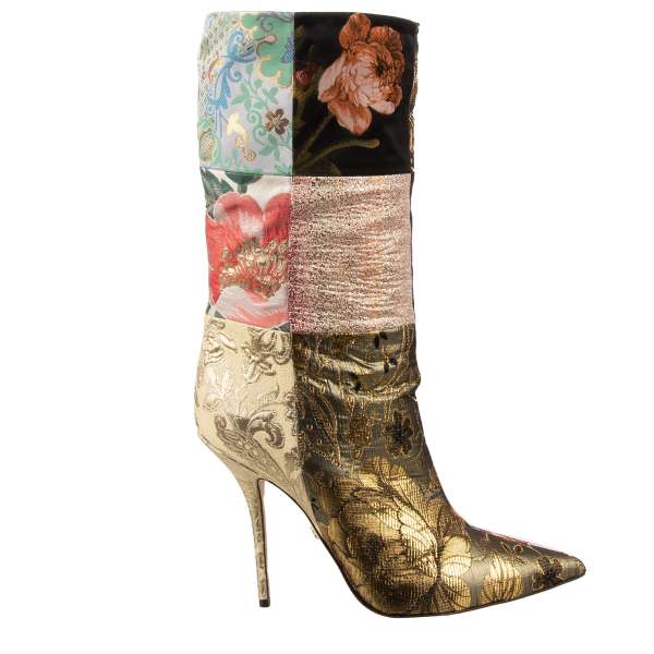 Pointed floral brocade patchwork Boots CARDINALE in gold and pink by DOLCE & GABBANA