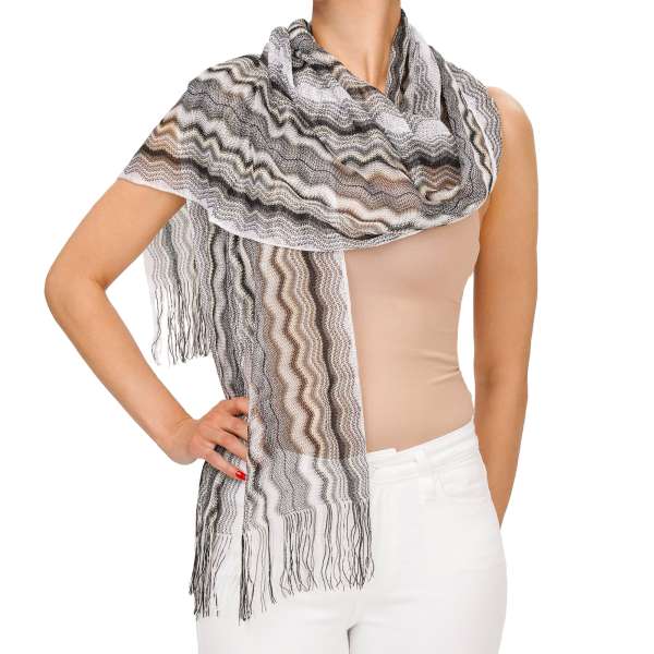 Large zigzag pattern woven Poncho Scarf / Foulard in white, black and gray by MISSONI