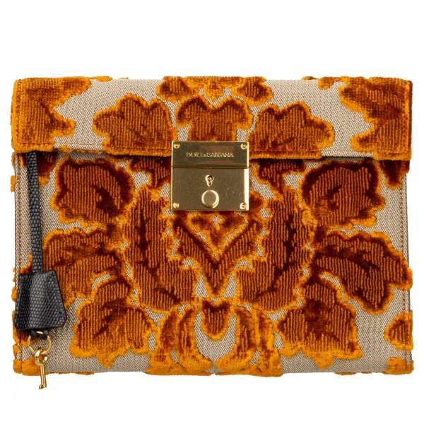 Unisex floral clutch bag CLEO made of Velvet Brocade and Iguana textured Leather with a key lock by DOLCE & GABBANA