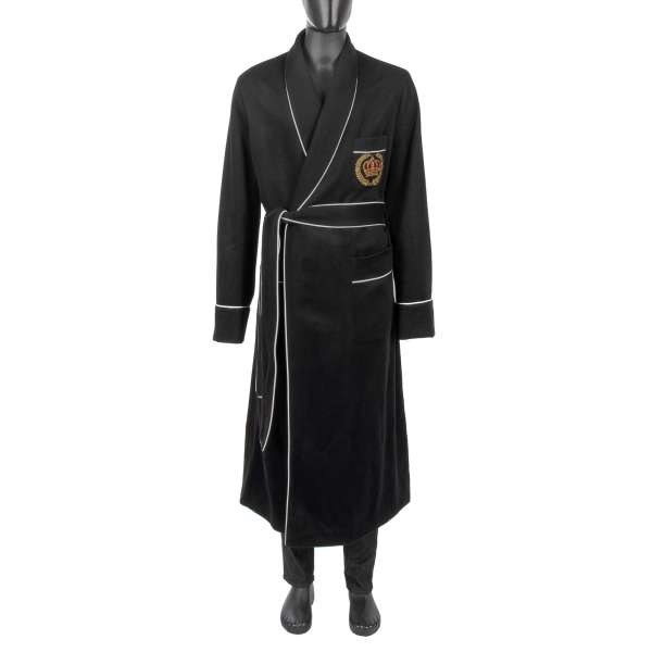 Cashmere  Coat / Morning Gown with embroidered crown patch and contrast stripes by DOLCE & GABBANA