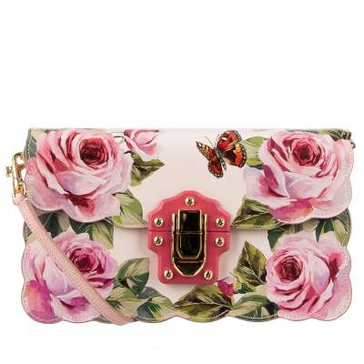 Shoulder Bag LUCIA with Roses and Butterfly Print Pink