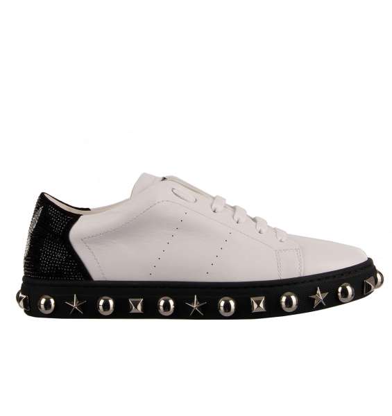 Low-Top Sneaker in white and black with crystals embellished Plein and Playboy logos, studded sole and tongue with Philipp Plein metal logo by PHILIPP PLEIN X PLAYBOY