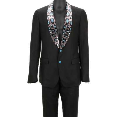 Leopard Sequin Embroidered Linen Suit TAORMINA Blue Black