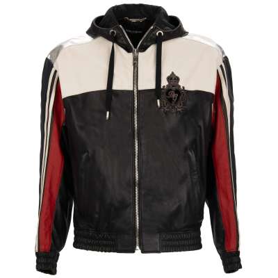 Logo Crown Patch Leather Hoody Bomber Jacket Black Red