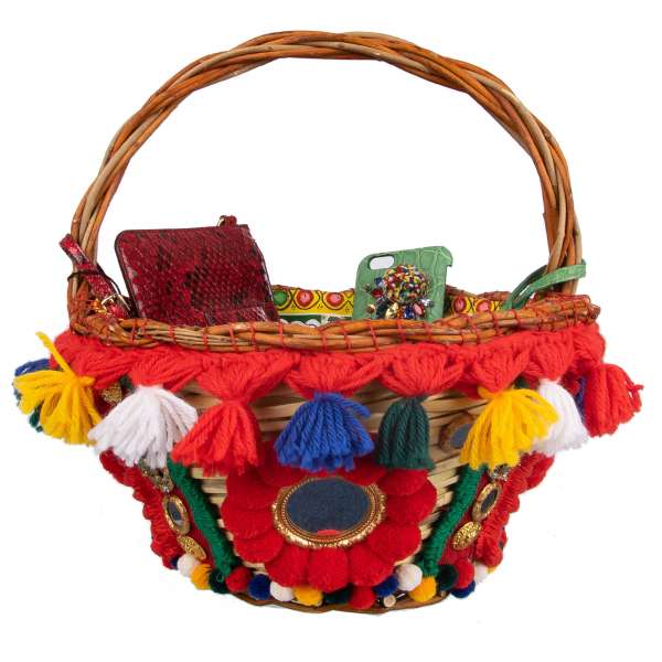 Large Carretto Siciliano style Straw basket tote bag AGNESE embellished with pompoms, mirrors and floral brass applications by DOLCE & GABBANA
