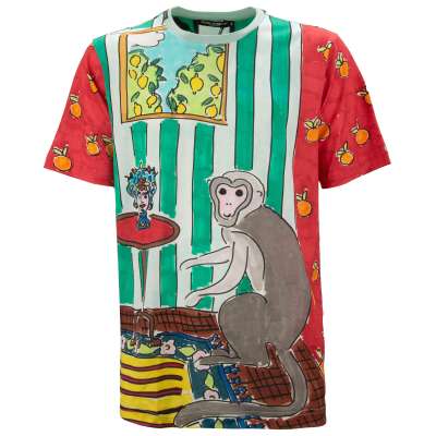 Affen Sizilien Print Baumwolle T-Shirt Grün Rot 50 M L 