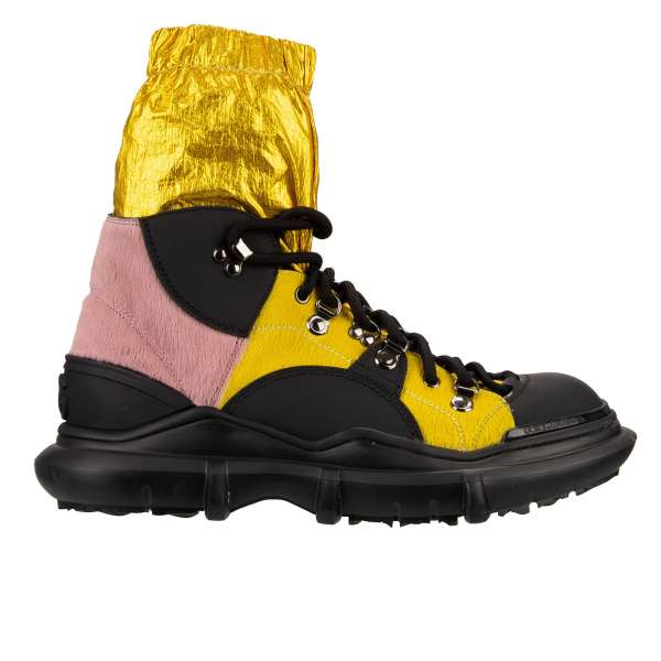 DG Logo Boots GALILEO made of fur leather and rubber with golden sock design in black and pink by DOLCE & GABBANA