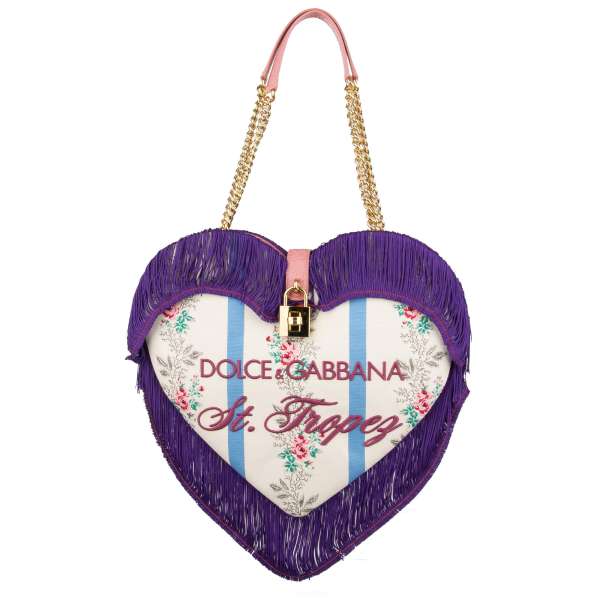 Large floral printed bag / shoulder bag MY HEART St. Tropez with tassels, floral print, embroidered logo, decorative padlock and double chain strap by DOLCE & GABBANA