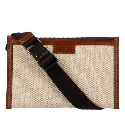 Canvas and Leather Waist Crossbody Bag Pouch with Logo Beige Brown
