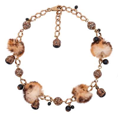 Leopard Fur Ponpon Necklace Belt Collier Chain Gold Black