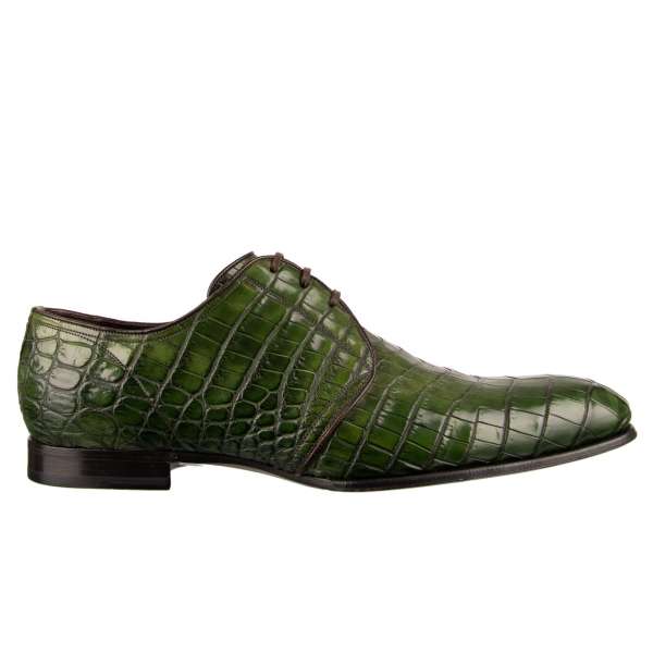 Very exclusive and rare, formal crocodile leather derby shoes PORTOFINO in dark green by DOLCE & GABBANA