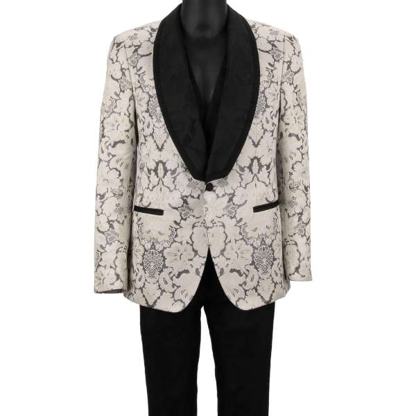 Baroque jacquard 3 piece suit, jacket, waistcoat, pants with shawl lapel in white and black by DOLCE & GABBANA 