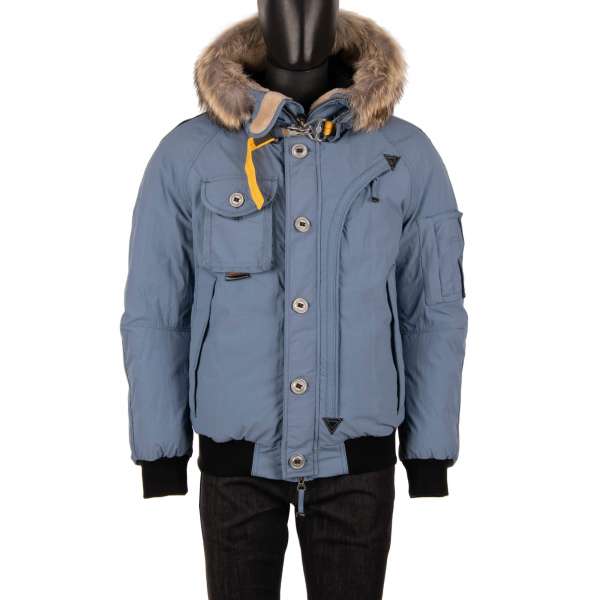 Micro Ottoman Bomber Jacket TRIBE with a down filling, detachable real fur trim, hoody and many pockets in Storm Blue