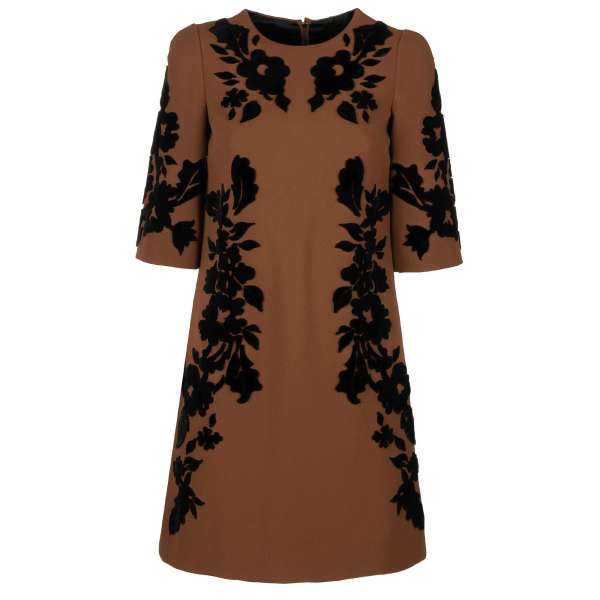 Baroque Virgin Wool Dress with embroidered velvet flowers in black and brown by DOLCE & GABBANA Black Line
